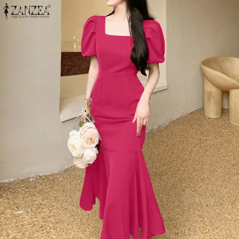 ZANZEA Damen Elegantes Lässiges Quadratischer Kragen Kurzarm Fishtail Kleid