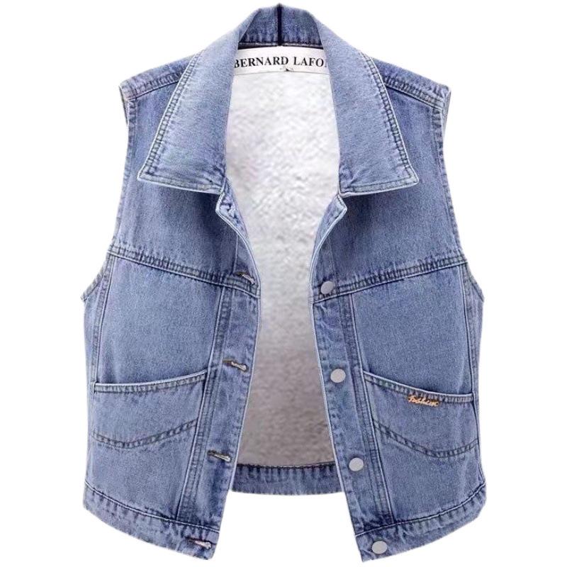 Women's Lamb Wool Velvet-Lined Denim Vest: Autumn/Winter, Loose-Fit, Sleeveless, Short Waistcoat.