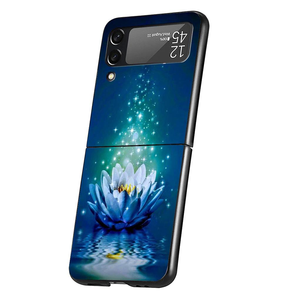 Lotus Blue White Flowers Case Phone Cover for Samsung Galaxy Z Flip 6 5 4 3 5G ZFlip6 ZFlip5 ZFlip4 ZFlip3 Black Hard Trend Fund