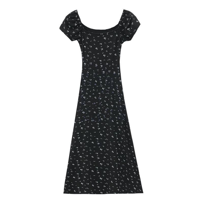 Tea Break French Floral Black Dress: Summer 2026 Elegant Slimming Long Dress for Women