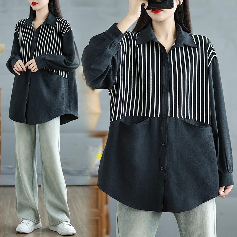 DIMANAF 2025 Übergröße Bluse Langarmhemd Neu Lässig Gestreift Oberteile T-Shirts Vintage Damen Lockeres Hemd Basic Oversize