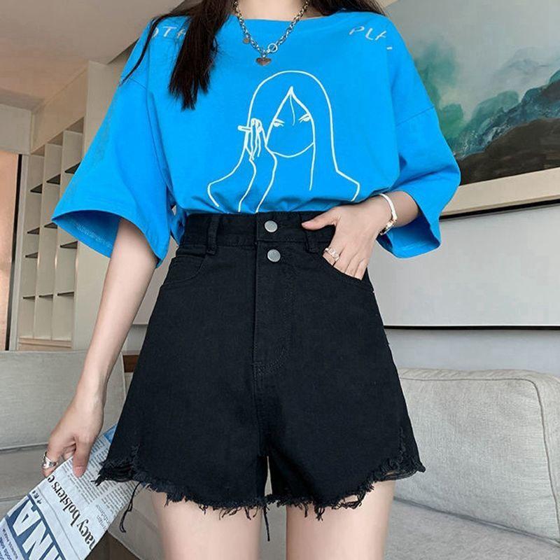 

Тканые брюки Классика и минимализм Мода Универсальные женские летние с высокой талией Тонкие свободные рваные дырки снаружи A Word Широкие джинсовые шорты 2XL чёрный