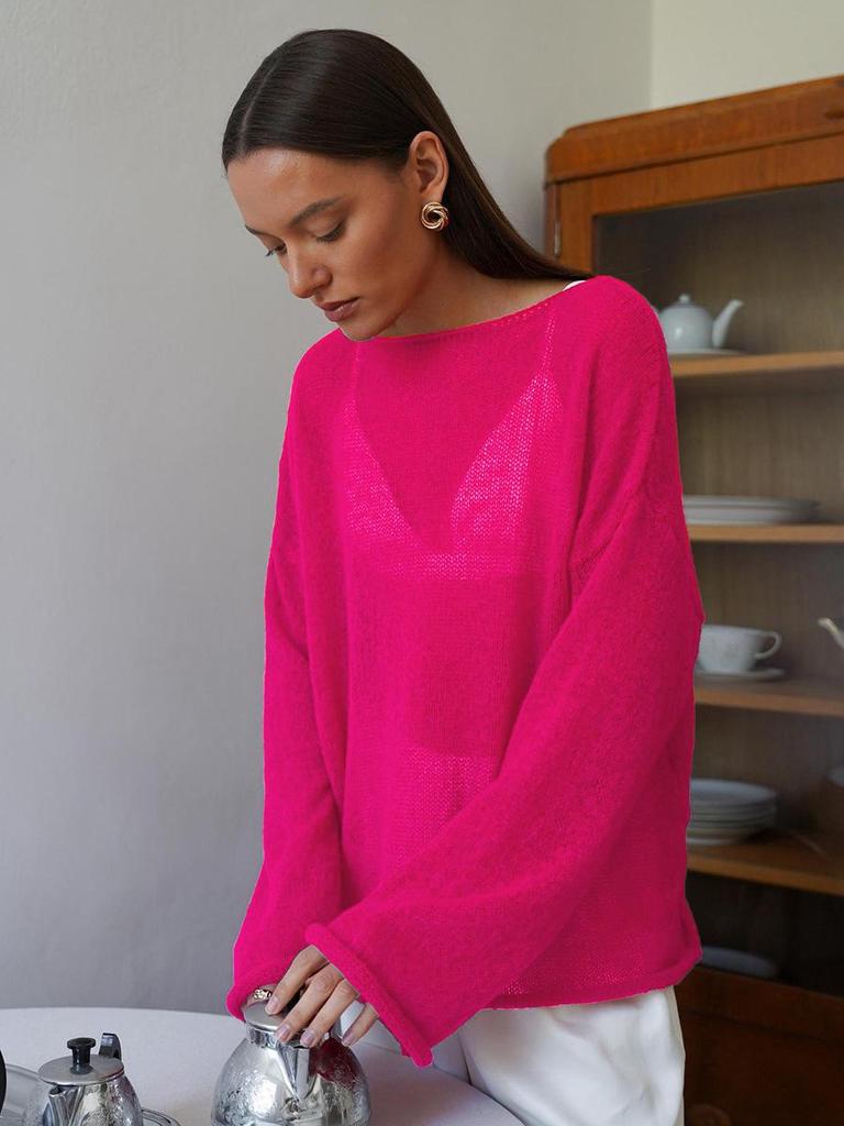 "2025 Spring/Summer Women's Sheer Knit Sweater: European and American Style, Trumpet Sleeves, Round Neck"