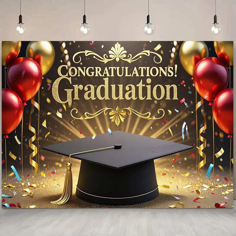 Abschluss-Hintergrund mit "GRADUATION"-Text, Ballons- und Konfetti-Design für Rasen im Freien, Gartenfeiern und Abschluss-Party-Dekor, Abschluss-Dekor