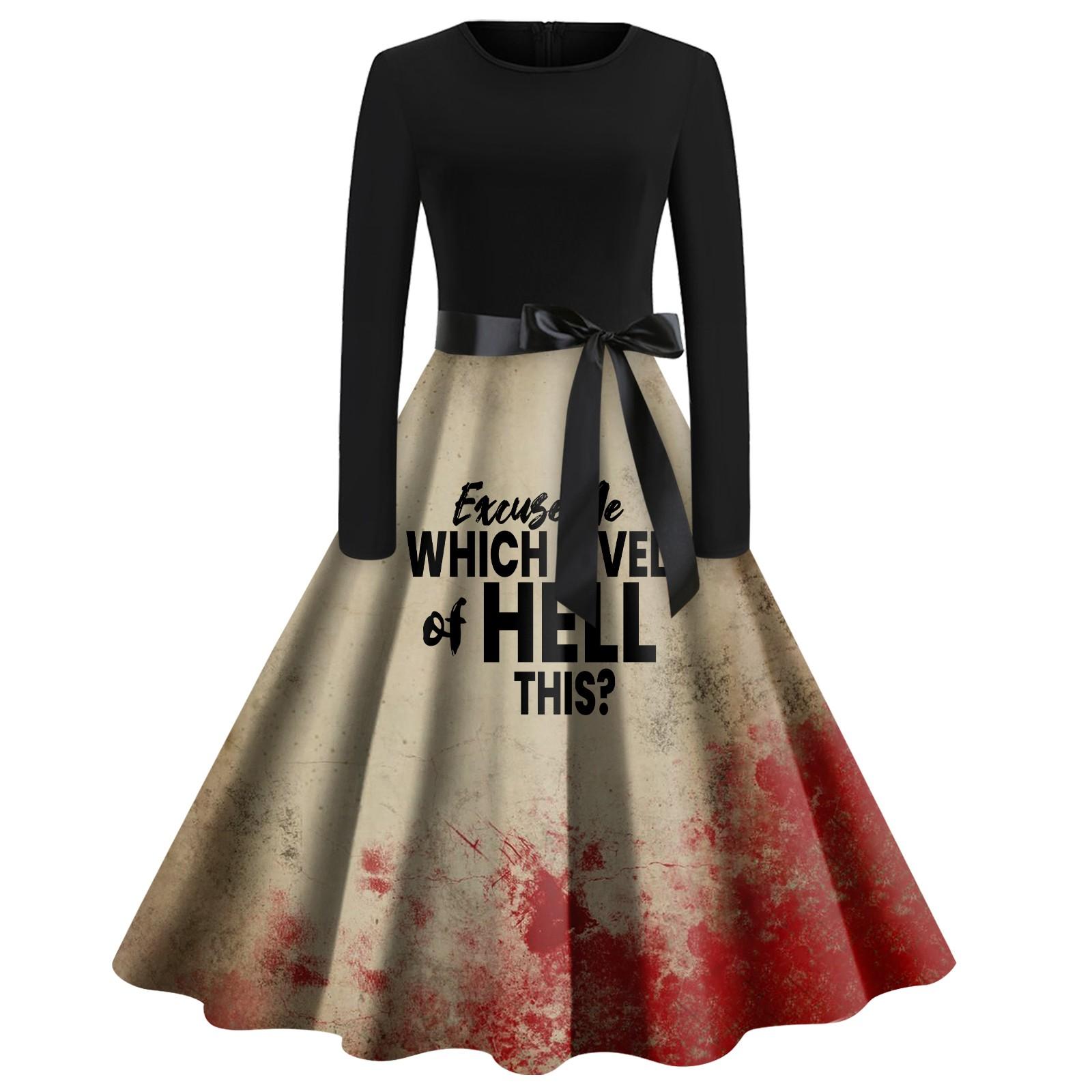 

Женское платье с расклешенным принтом на Хэллоуин с длинным рукавом и круглым вырезом, вечерние повседневные платья L чёрный