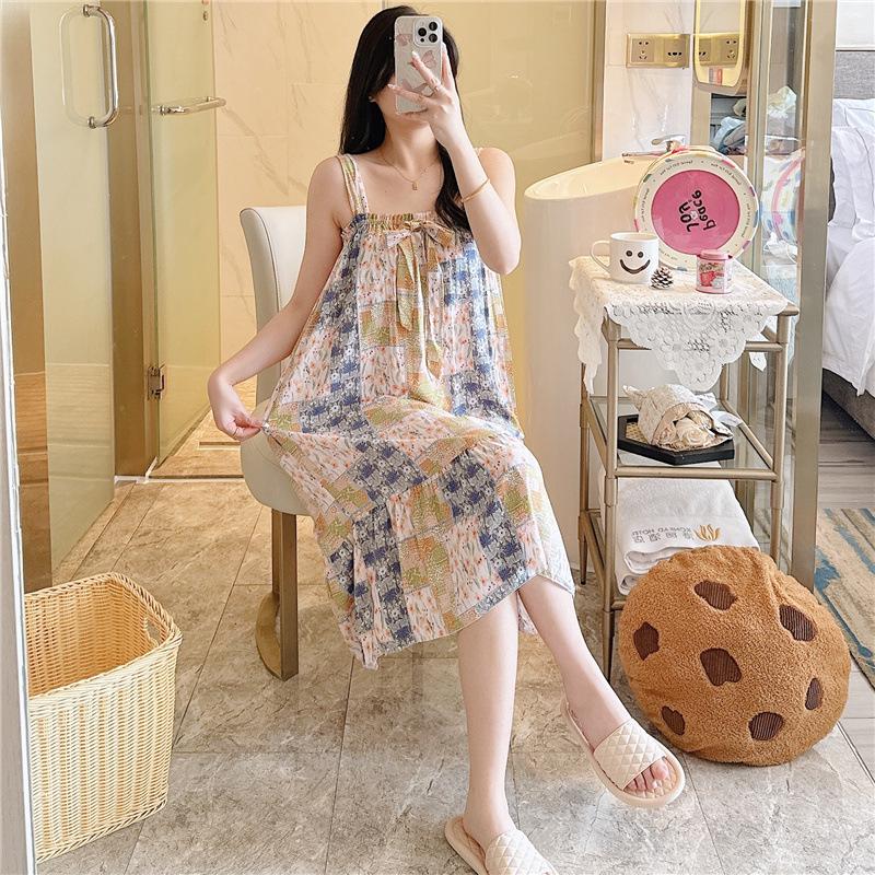Cotton Nightdress Women'S Summer Thin Pajamasspring And Autumn Cotton Korean Cute Casual Print Dress Loungewear