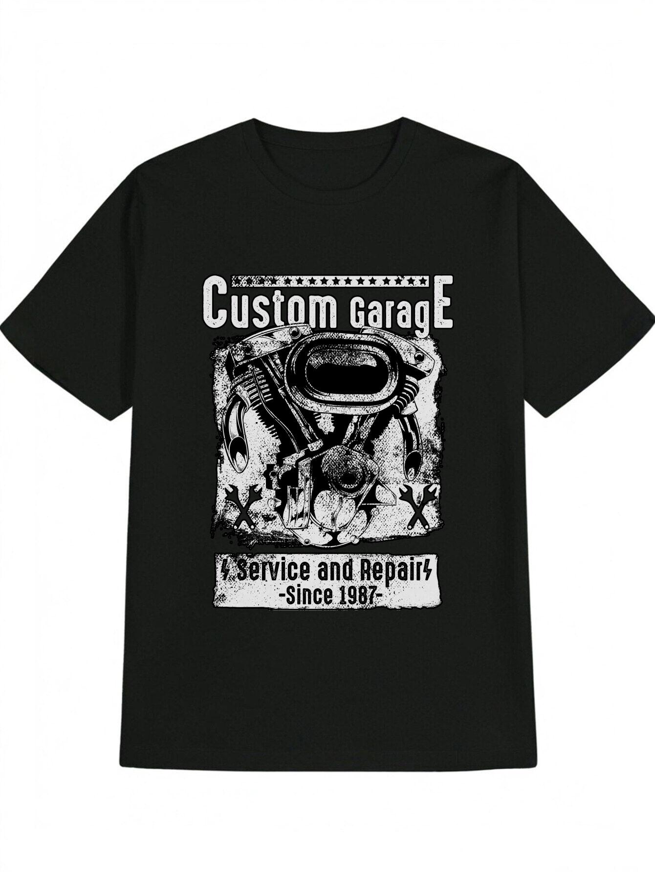 Casual Motorcycle Engine Graphic T-shirt - Custom Garage Service & Repair Design M
