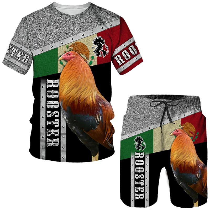 Hahnjagd Sommer Herren 3D-Druck Mann Set T-Shirt + Shorts Outfit Trainingsanzug Hahn Tier Kurze Ärmel 2-teiliger übergroßer Anzug