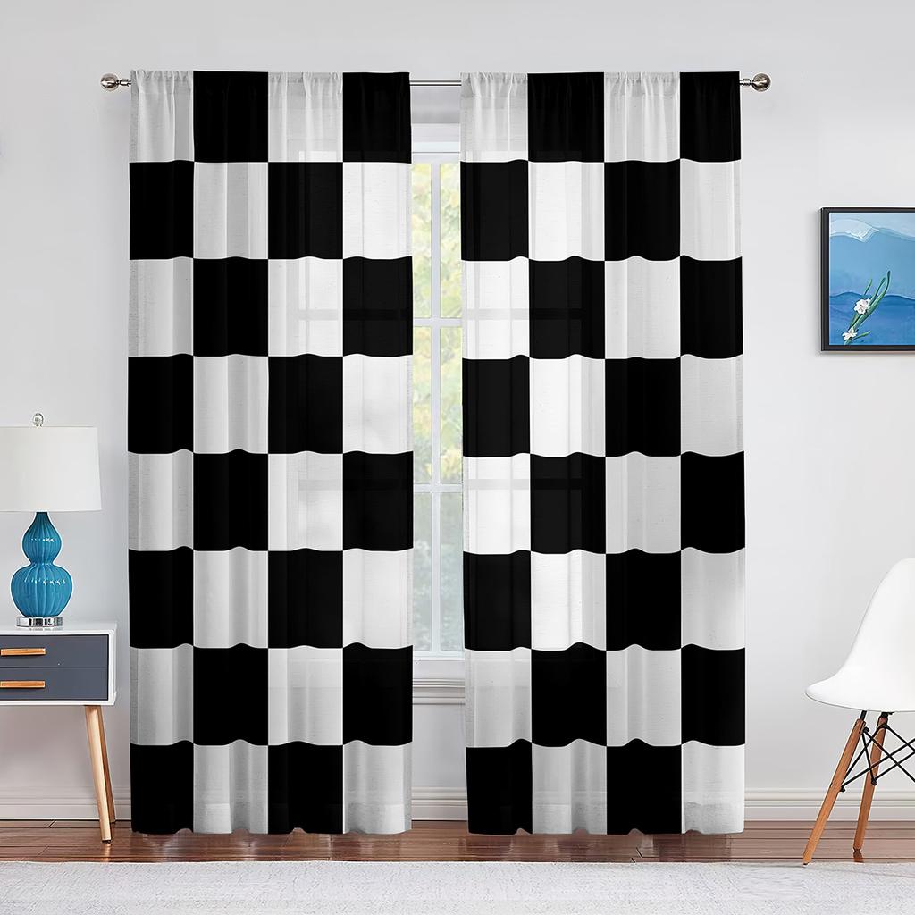 Black and White Groovy Checkerboard Sheer Voile Curtain Abstract Psychedelic Window Tulle Curtains for Living Room Bedroom Decor
