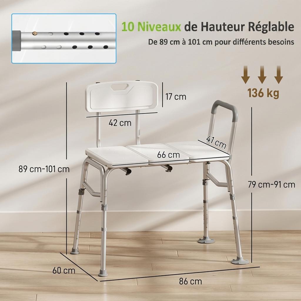 Bathtub Transfer Bench, Height Adjustable with 10 Levels, White