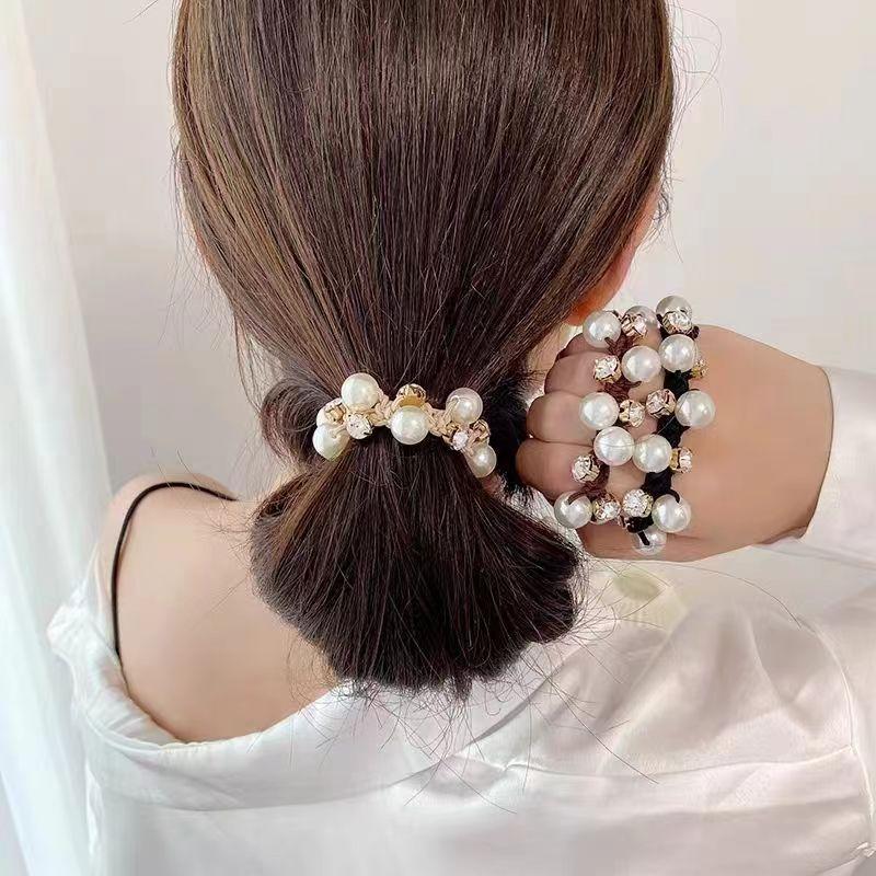 3Pcs Pearl Brimmed Hair Tie Glitter Rhinestone Decor Hair Rope Retro Style Scrunchies for Women