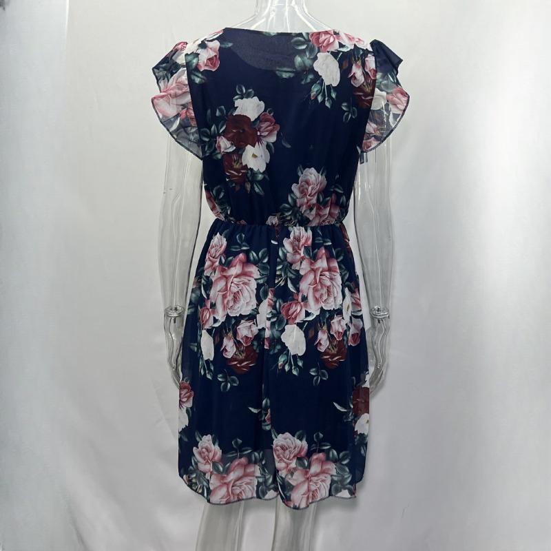 IHUASU Summer Holiday Style Ruffle Short Sleeve Chiffon Printed Rose Dress