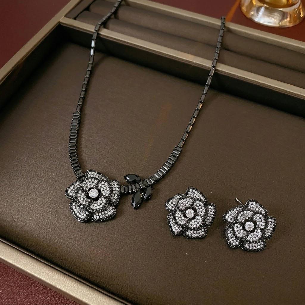 Black Rose Zirconia Flower Necklace and Earrings Set for Women