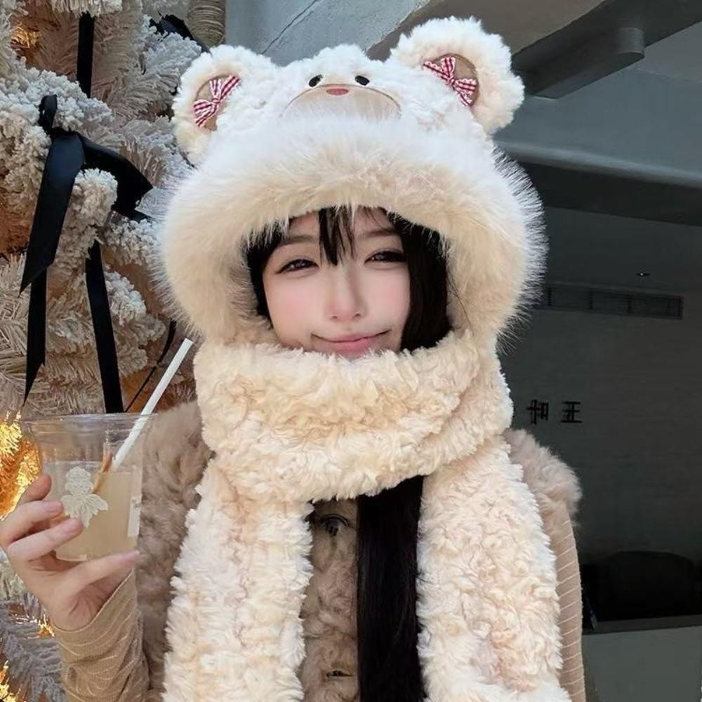 Windproof Gloves Scarf Hat 3-in-1 Winter Plush Scarf NEW Little Bear Hooded Scarf Autumn Winter