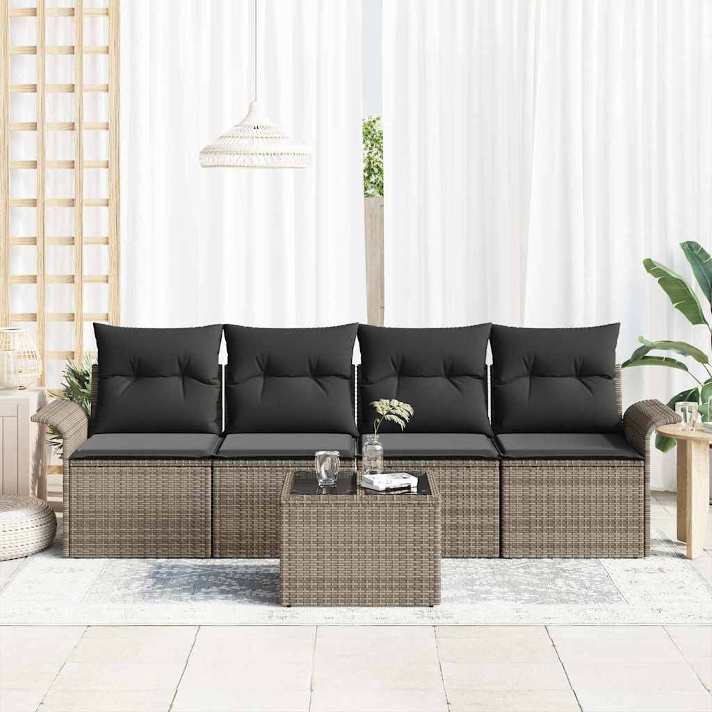 Garden Sofa Set with Cushions and Storage 5 Pcs Gray Poly Rattan
