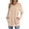 Women's Fashion Loose-Fit Round Neck T-Shirt Colour Pocketed Long-Sleeved Top