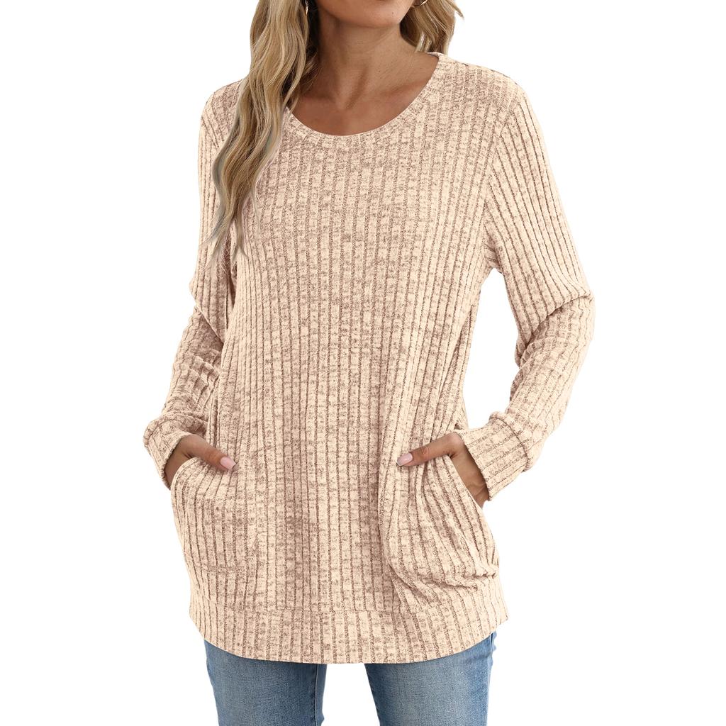 Women's Fashion Loose-Fit Round Neck T-Shirt Colour Pocketed Long-Sleeved Top