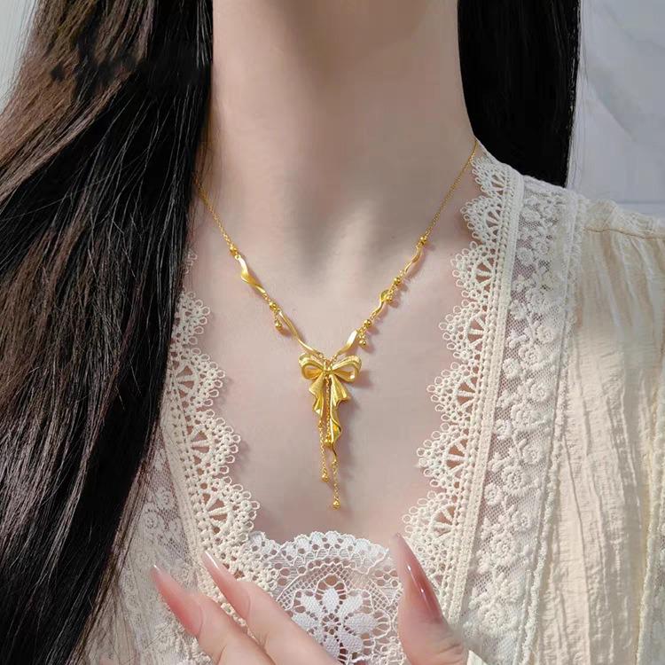 Golden Princess Heart Tassel Bow Necklace & Choker Set for Women