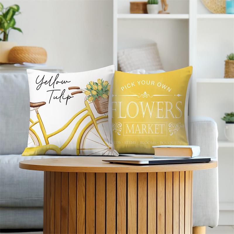 Yellow Tulip Bicycle And Hello Sunshine Pillows Polyester Pillowcase, Sofa Decorative Cushion Cov Headboard Pillow