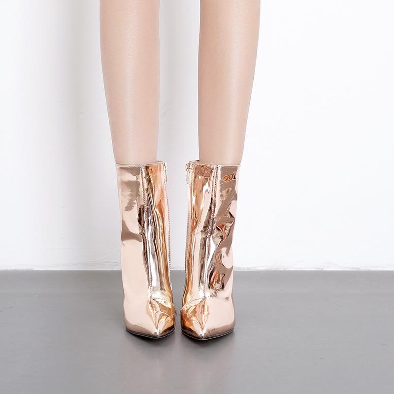 Fashion Silver Patent Leather Women Ankle Boots Pointed Toe Square High Heels Shoes Chelsea Botas De Mujer