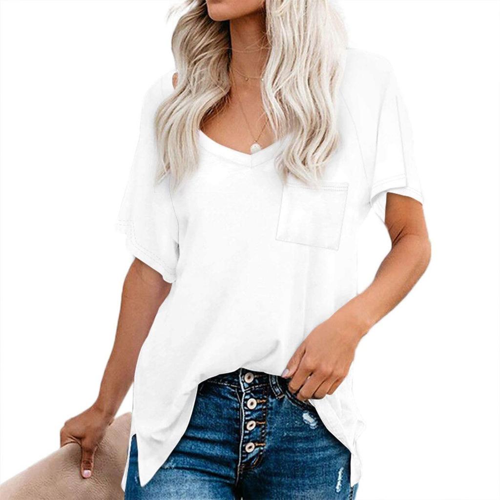 Women's Fashion Casual V-Neck Solid Color Flowy Loose Short-Sleeved T Shirt Top