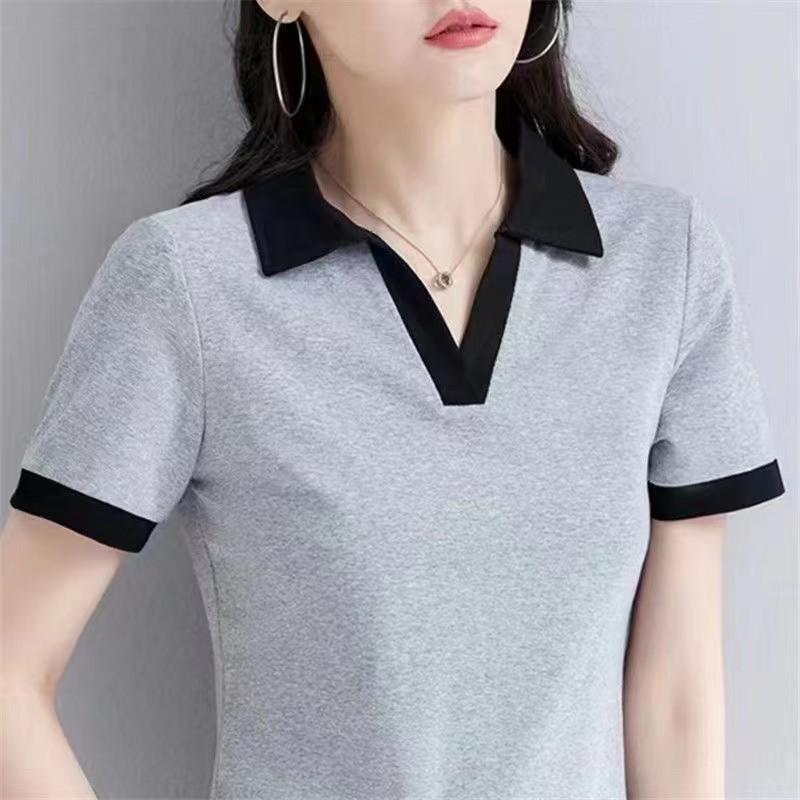 

Хлопковая футболка с коротким рукавом и воротником-поло, женская летняя укороченная футболка с V-образным вырезом, однотонное летнее платье 3XL серый