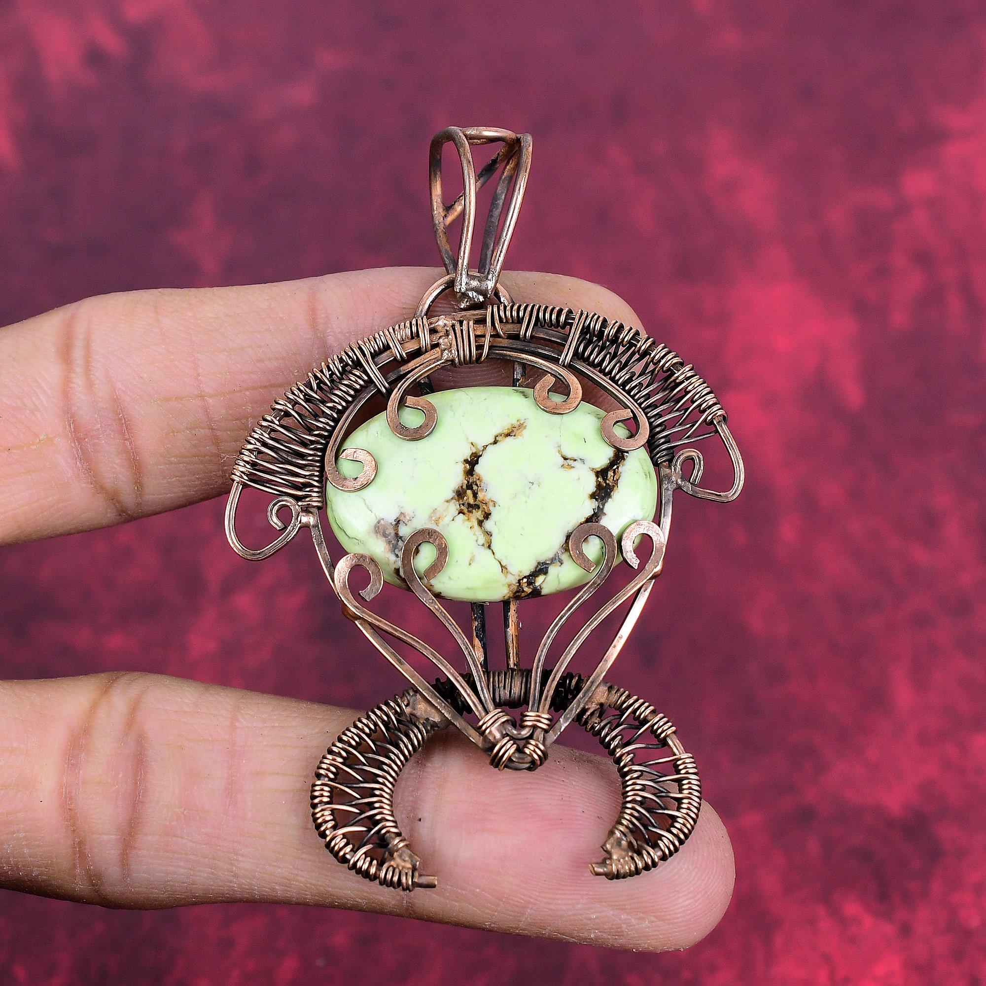 Lemon chrysoprase pendant copper wire wrapped pendant handmade jewelry tortoise pendant natural gemstone pendant gift for her copper jewelry
