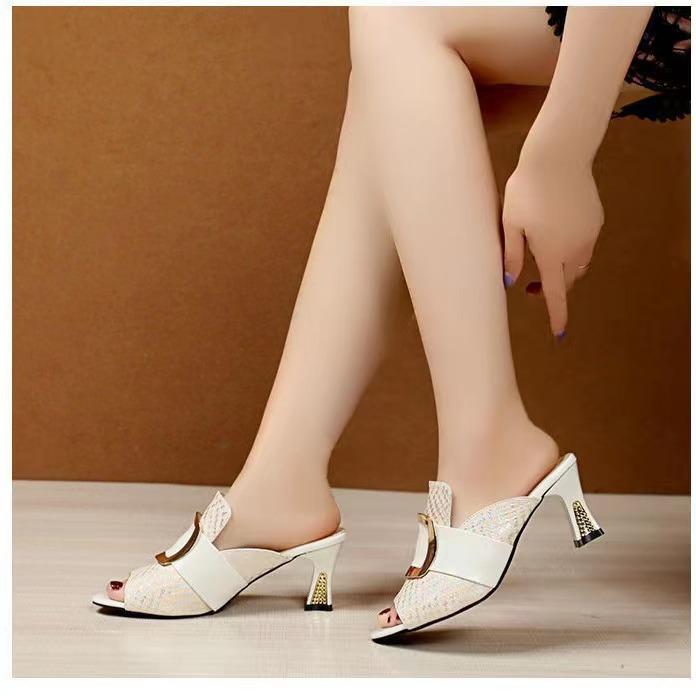 Summer Fashion Women Sandals Elegant Thick High Heels Slippers Comfortable Fish Mouth Casual Metal Buckle Slides Shoes 35-41