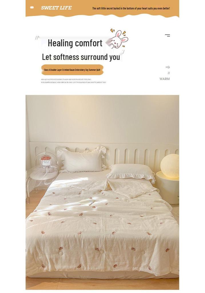 A-Class Pure Cotton Double-Layer Crinkled Gauze Embroidered Summer Quilt & Blanket