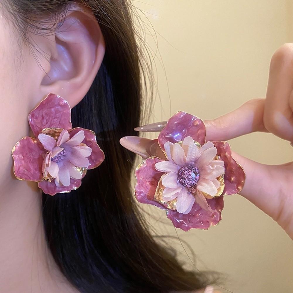 Oil Drip Colorful Flower Earrings Iron Cloth Floral Ear Studs Exaggerated Ear Pendant Festival