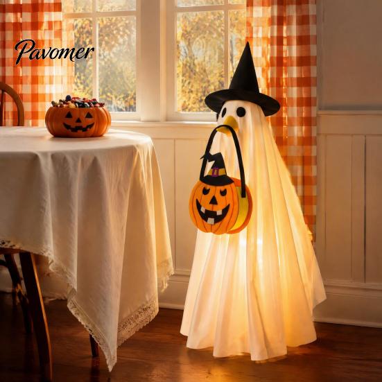 Easy to Wear Halloween Set Glowing Ghost Costume with Witch Hat & Pumpkin Tote Bag, LED Reusable Festival Clothing Light Up Fabric Outfit for