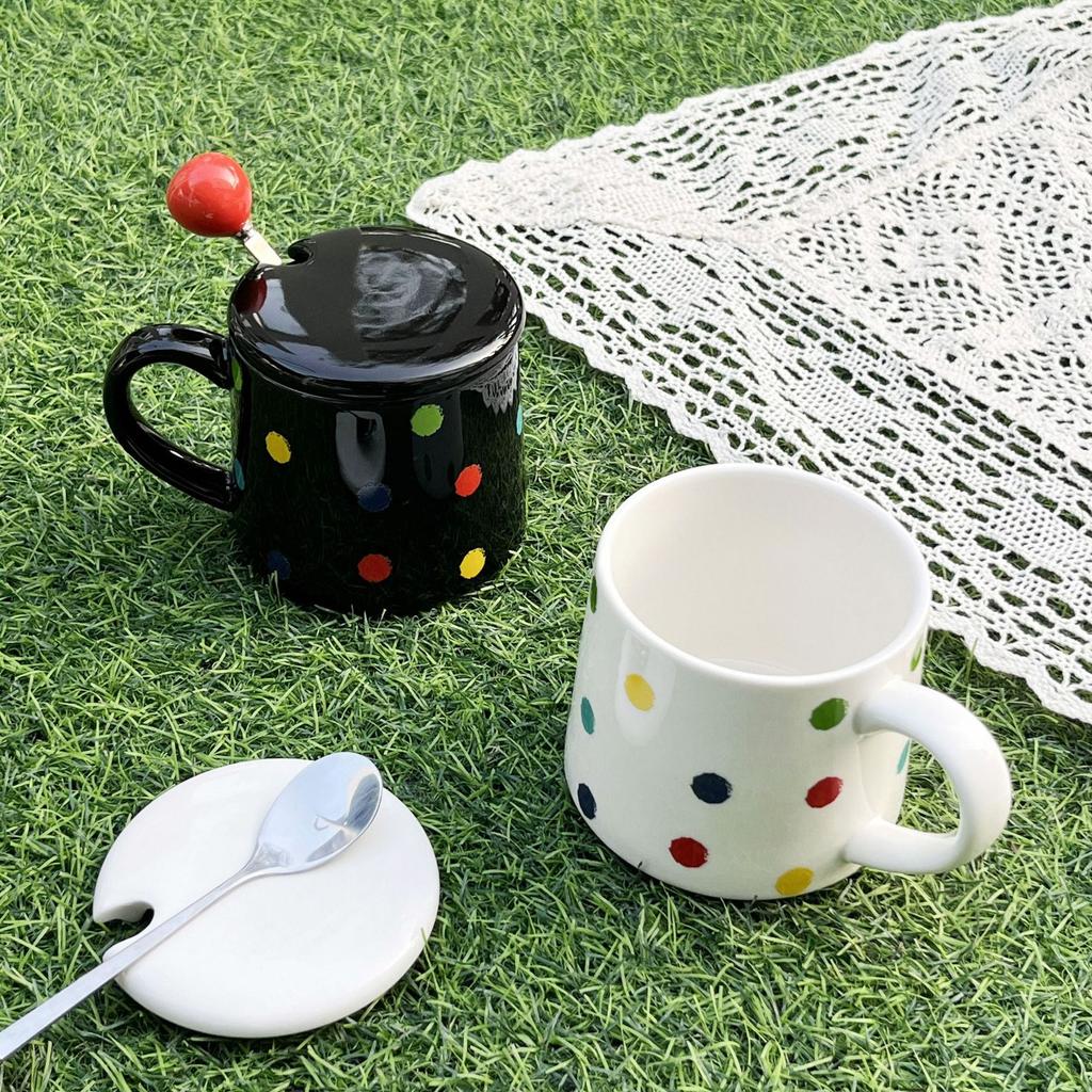 Korean Colored Mug with Lid Spoon High End Ceramic Cup Household Water Cup Living Room High Value Coffee Cup