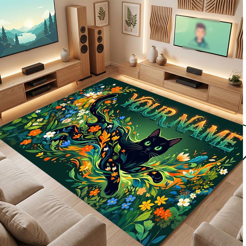 Cat Theme Crystal Velvet Floor Rug Personalized Custom Name Text Warm Carpet Home Decoration