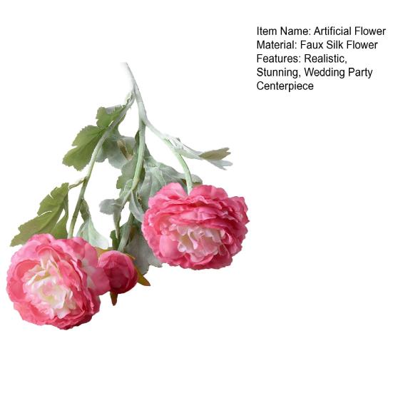 Artificial Ranunculus Flower Faux Silk Ranunculus Bouquet with 2 Heads Full Blooms And 1 Bud for Floral Arrangement Wedding Event Centerpiece