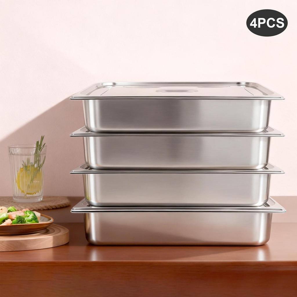 4-Pack 201 Stainless Steel Steam Table Pans with Lids, 2.38 Gal Food Pans 21 Inch Hotel Pan for Catering, Buffet, Restaurant & Home Kitchen