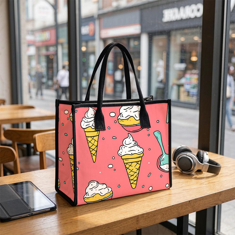 Cute Ice Cream Print Tote Bag Portable Casual Daily Shopping Handbag for Ladies
