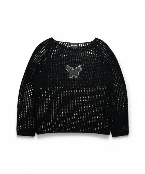 Bonseullipi Butterfly Sheer Open Knit Top (Black)