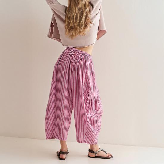 Women Pants Elastic Waist Striped Design Wide Leg Casual Trousers with Pockets Work Travel School All Day Wear