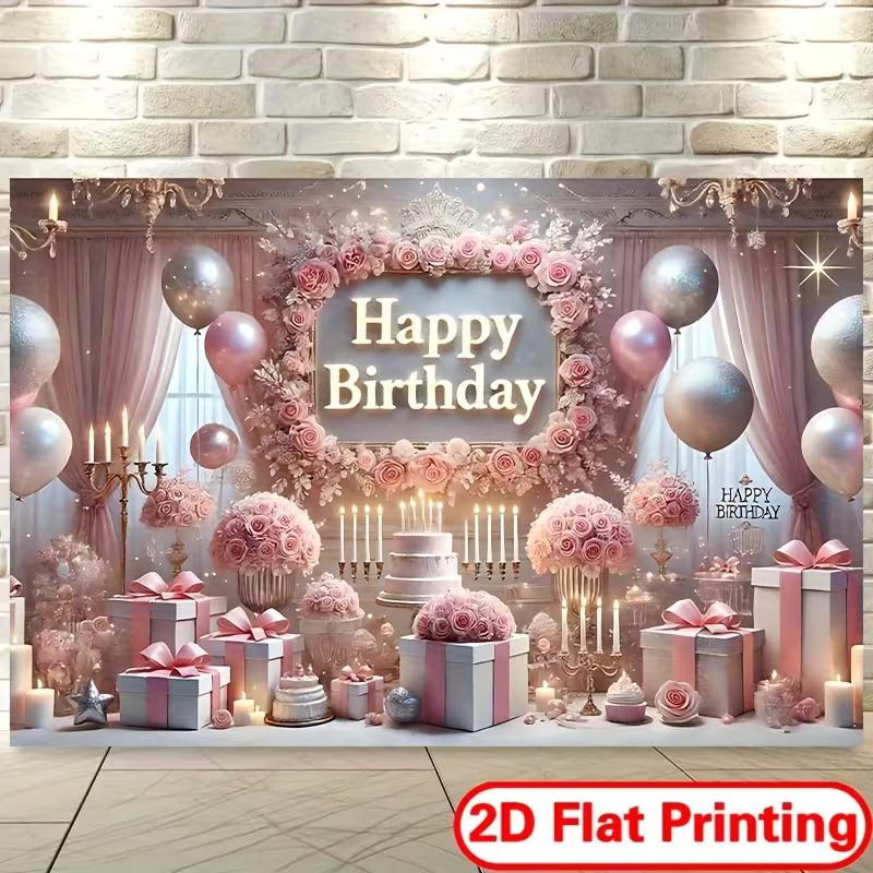 Toile de fond photo Joyeux Anniversaire 2D, Bannière de Fête Thème Rideau Rose et Ballons