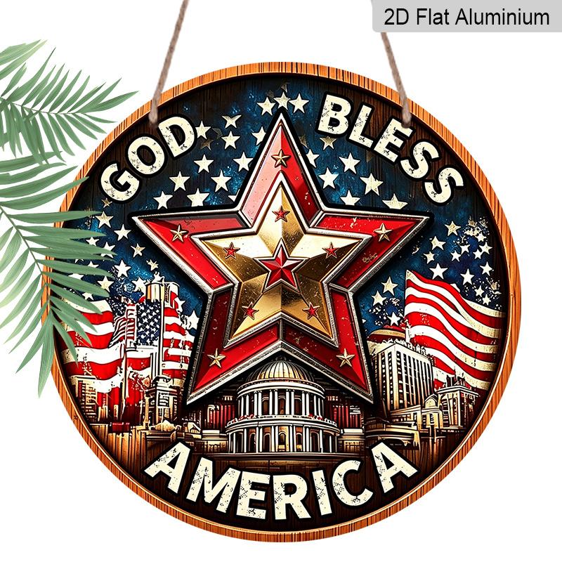 

2D Flat Retro Round Aluminum Wall Hanging, Independence Day Five-pointed Star Design, Indoor Outdoor Wall Decor, Home Commemorative Gift 20*20cm