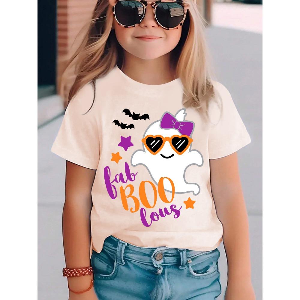 Summer Fashion Girls' Short-sleeved T-shirt, Sunglasses, Bow, Halloween Ghost Cartoon Pattern Print, Casual and Versatile Top