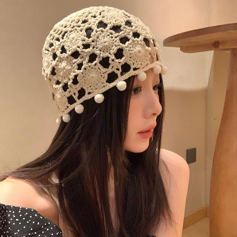 Sweet Knit Beanies Beads Tassels Weave Cap Retro Crochet Hollow Knitted Hat  Girls