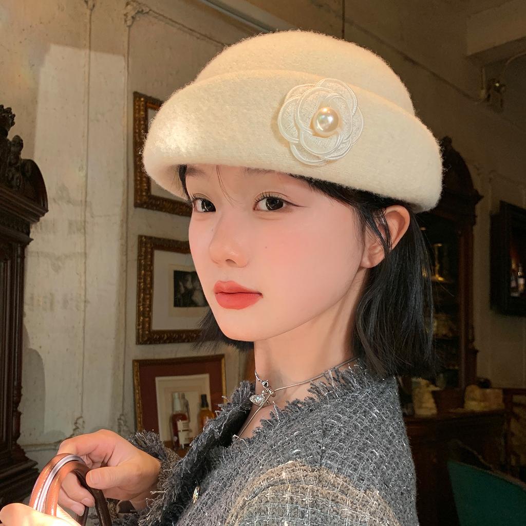 French Camellia Pearl Top Hat, Women'S Autumn And Winter Luxury Sense, Beret, Retro Pot Hat