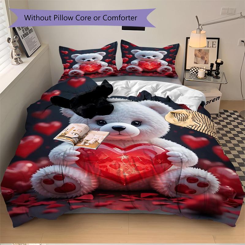 

3pcs Anime Teddy Bear Heart Design Bedding Set - Includes One Quilt Cover and Two Pillowcases (No Core) - Perfect for Bedroom and Guest Room 135x200cm