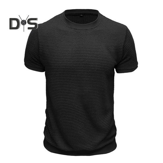 Summer Men Tops Knitted Round Neck Short Sleeves Solid Color Ribbed Elastic T-shirt Slim Fit Pullover Casual Daily Clothes