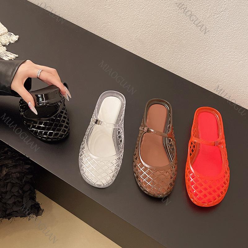 Women Jelly Flat Slippers Summer  Mesh Breathable Sandals Hollow Designer Shoe Casual Beach Walking Baotou Slide Footwear