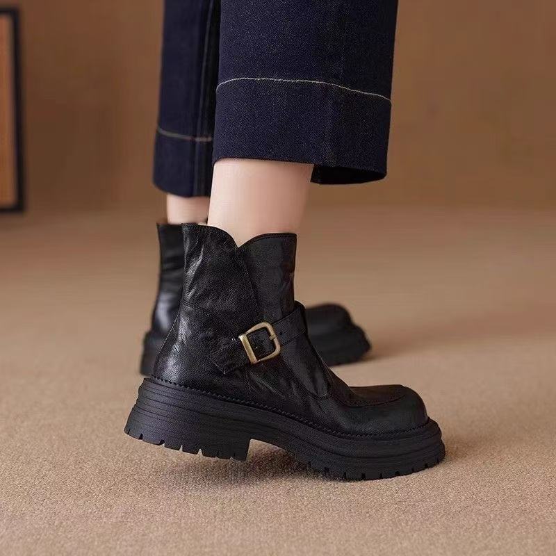Huge Good-looking Soft Leather Platform British Martin Boots Women's French Short Boots Black Velvet Boots