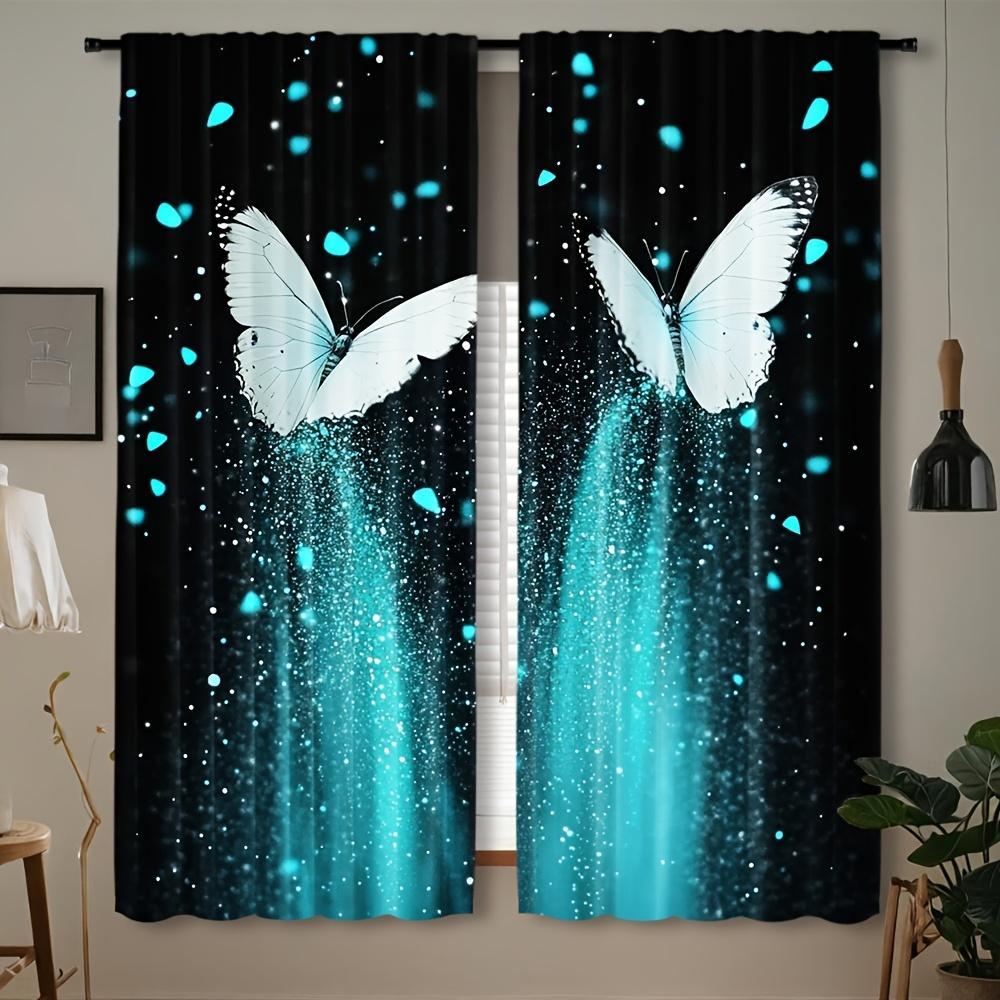 

Set Of 2 Digital Printed Retro Blue Luminous Butterfly Living Room Curtain Furniture Bohemian Curtains Made Polyester Sitting Window Treatment W100*H70(CM)-Grommet top&1PCS