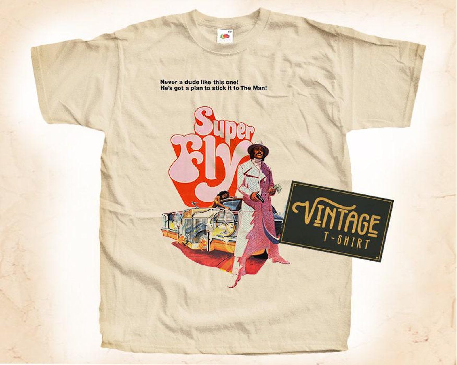 Super Fly T-Shirt Tee Natural Vintage Cotton retro Movie Poster Beige All Sizes S M L XL 2X 3X 4X 5X 3XL