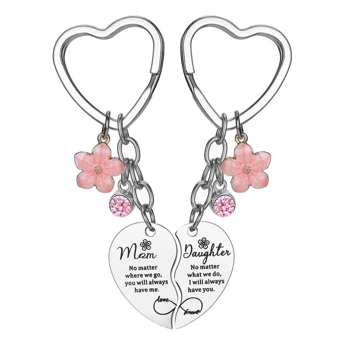 Mother-Daughter Heart Keychain & Necklace Set - Sakura Pink Diamond Souvenir for Mother s Day